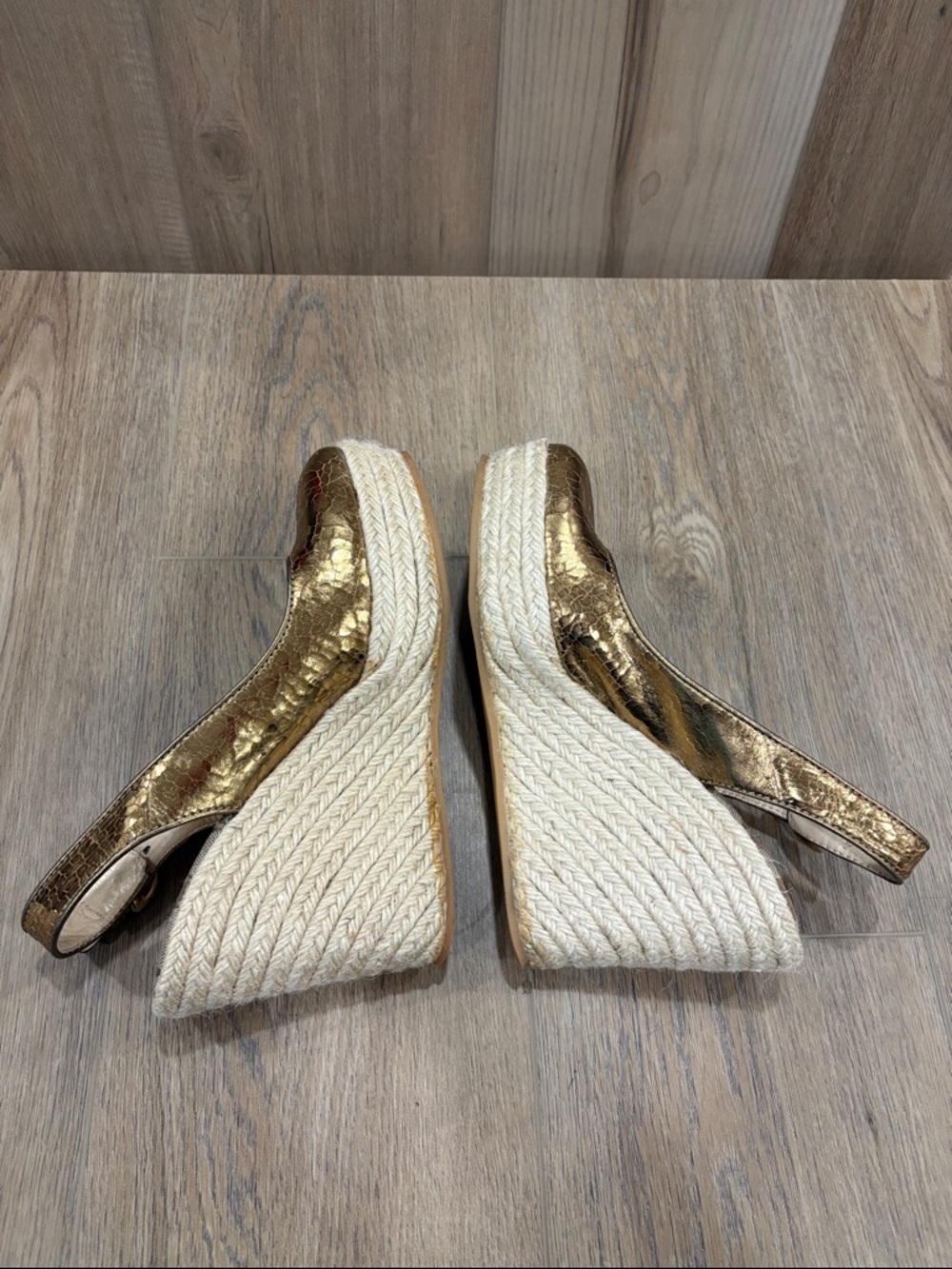 Coach Ireland Crackled Gold Leather Slingback Platform Wedge Espadrille Karisa 8 - Picture 5 of 12